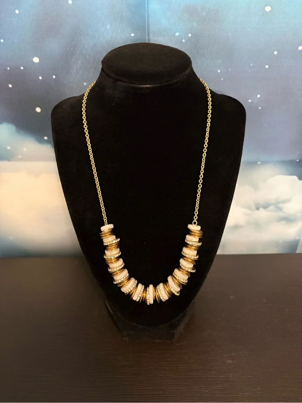 Ann Taylor statement bib necklace stacked rings gold tone clear crystals. EUC